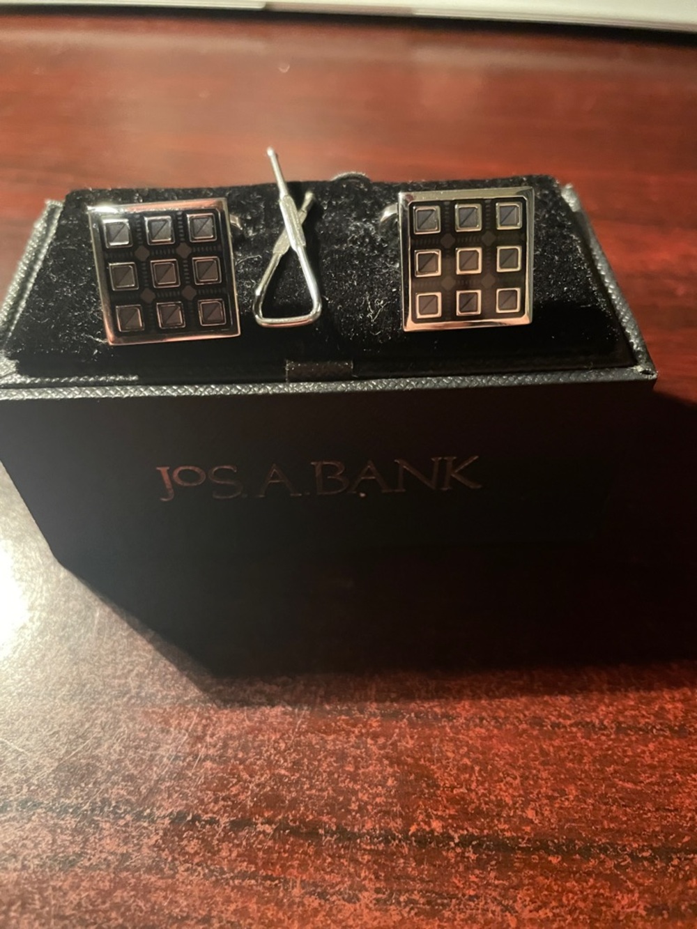 Jos. A. Bank Silver-Tone Grid Square Cufflinks + Tie bar